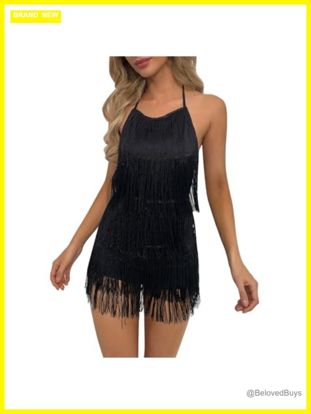Women Halter Tassel Fringe Backless Sleeveless Romper Jumpsuit for Club Party